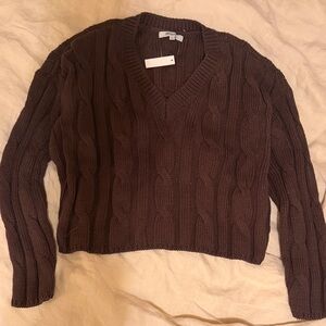 Madewell Chocolate V-Neck Cable Knit Sweater